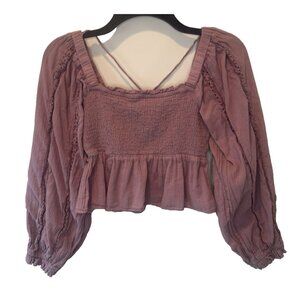 American Eagle Womens Mauve Smocked Peplum Top M Peasant Festival Boho Hippie